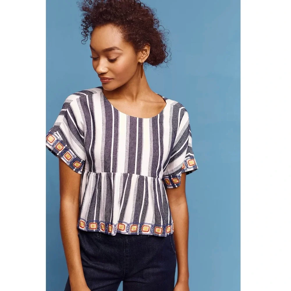 MAEVE Linen Navy Stripe Embroidered Short Sleeve Empire Waist Boho Chic Top L - Picture 2 of 8